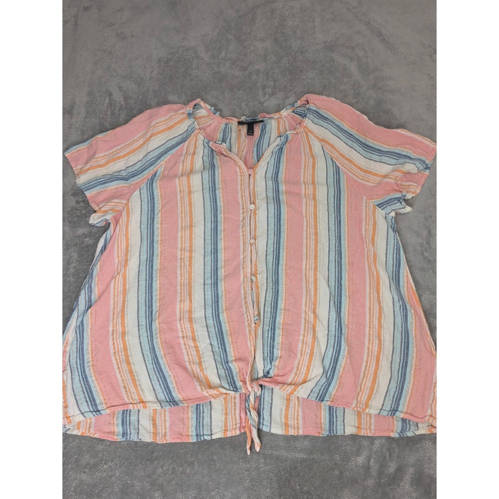 Lane Bryant Women 20 Striped Tie Front Blouse Pink Blue Metallic Shimmer Top